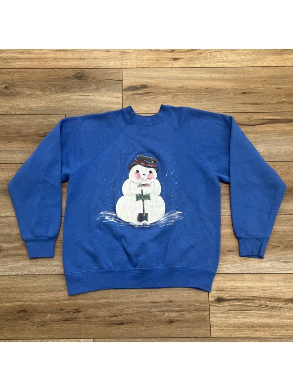 Vintage Snowman Sweatshirt SZ Large Blue Painted Christmas Holiday Sweater